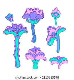 Colorful flower set,  retro 60s, 70s hippie style. Vintage psychedelic  vector design elements. Isolated on white. Great for stickers, patches and textile prints.