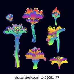 Colorful flower set, retro 60s, 70s hippie style. Vintage psychedelic vector design elements. Isolated on black. Great for stickers,
