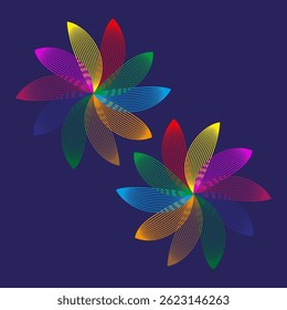Colorful flower shapes. Blue background contrast. Multicolor petal pattern. Vector illustration.