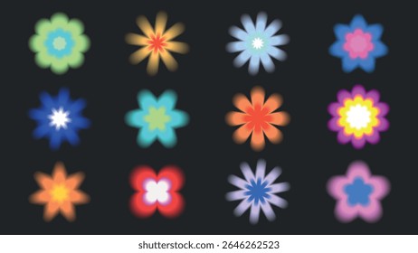 Colorful flower shapes with a glowing effect on a dark background. Bright, glowing flowers in various colors and shapes. Vivid, glowing floral designs. Cute glowing element set vector.