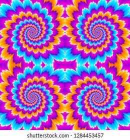 Colorful flower with spirals. Motion illusion. Seamless pattern.