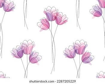 Colorful flower tulip seamless pattern illustration. Floral doodle background. Abstract cute floral art collage. Spring season drawing print in vintage art style. 