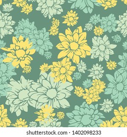 Colorful Flower Vector in Green Background Color Nature Seamless Pattern
