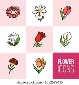Icono de vector de flores colorido establecido en estilo de línea delgada. Ilustración de antecedentes y patrones