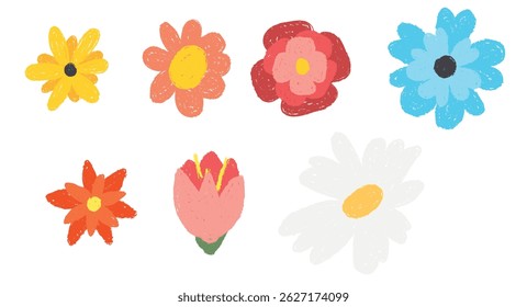 Colorful Flower wax crayon Set, Hand-Drawn Style on White Background