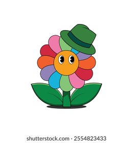 Colorful Flower Wearing a Green Hat. Perfect for spring-themed products, floral T-shirts, greeting cards, and gardening items. Brings vibrant charm to any design