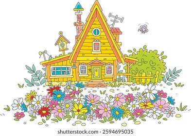 Colorful flowerbed and a charming village wooden house in countryside on a sunny summer day, vector cartoon illustration isolated on a white background