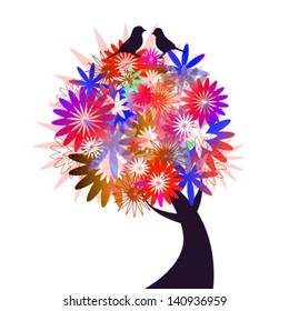 colorful flowering tree with birds