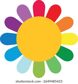Colorful flower-like design with twelve gradient petals surrounding a yellow circular center, arranged in a harmonious color wheel pattern, ideal for design, education, or symbolic visuals
