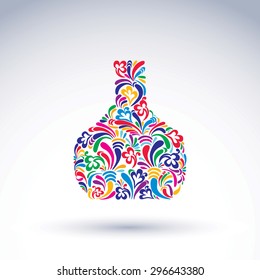Botella florida colorida, alcohol y relajación. Vidrio estilizado y florido. Objeto vector de diseño gráfico abstracto, idea de vacaciones.