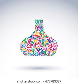 Colorful flower-patterned bottle, alcohol and relaxation concept. Stylized flowery glassware. Graphic abstract vector design object, holiday idea.