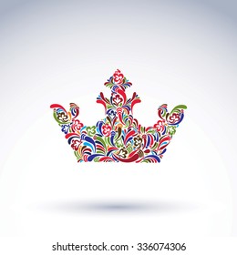 Corona florida colorida, elemento de diseño de coronación. Accesorio real clásico decorado con un patrón de vector de flor abstracto.