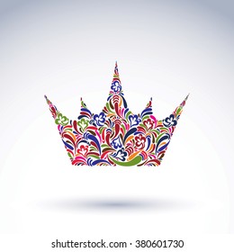 Colorful flower-patterned crown, coronation vector design element. Classic royal accessory decorated with abstract flower pattern.