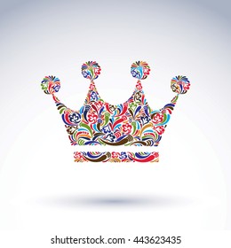Corona florida colorida, elemento de diseño de vector de coronación. Accesorio real clásico decorado con un patrón de flores abstracto.