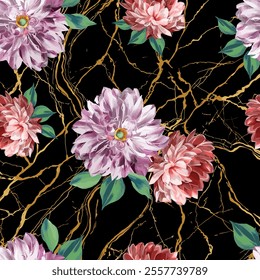 colorful flowers arranged on a black marble. floral pattern background