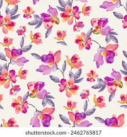 Colorful flowers arranged on a soft color background. Floral textile design. Floral background in watercolor style.