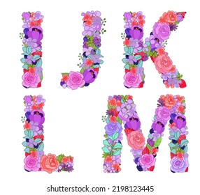 colorful flowers arrangement in capital letter shape. set of type sign alphabet with pink roses, berries, blue plant twigs, crocus flower and little blossom. collection of font symbol  I, J, K, L, M
