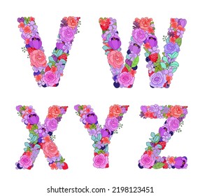 colorful flowers arrangement in capital letter shape. set of type sign alphabet with pink roses, berries, blue plant twigs, crocus flower and little blossom. collection of font symbol  V, W, X, Y, Z