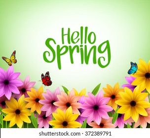 Colorful Flowers Background in 3D Realistic Vector for Spring Season with Space for Message. Vector Illustration
