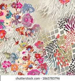 Colorful flowers background. watercolor with animal print , Use textile  printed materials, signs, objects, sites, maps