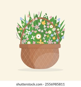 Colorful flowers in basket. Beautiful spring flowers bouquet. Vector cartoon flat illustration. Flowers basket day 