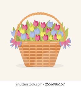 Colorful flowers in basket. Beautiful spring flowers bouquet. Vector cartoon flat illustration. Flowers basket day 