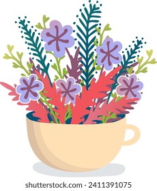 Colorful flowers in a beige cup, decorative foliage and blooms vector illustration. Floral arrangement, cup bouquet, spring concept.
