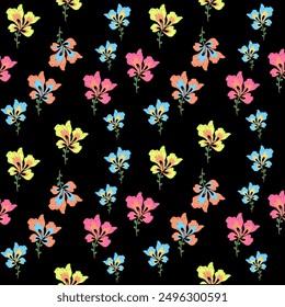 Colorful flowers with black embroidery, motif ethnic ikat seamless textile illustration, print striped ornament, pattern, design for wrapping, silk, scarf, background, textile, carpets, curtains.