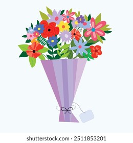 Colorful flowers bouquet illustration. Flower bouquet illustration with editable details. Multicolor flowers in bouquet illustration  with small label for lettering attach to it. Useful for posters.