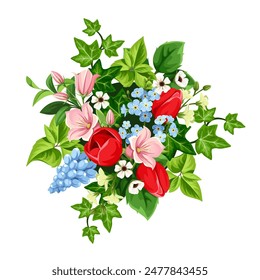 Colorful flowers. Bouquet of red, pink, and blue flowers and green leaves isolated on a white background. Vector illustration. Hand-drawn illustration, not AI