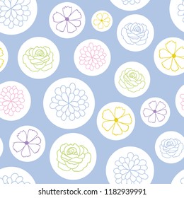 colorful flowers in bubbles vector repeat pattern. Great for spring and summer wallpaper, backgrounds, invitations, packaging design projects. Surface pattern design.