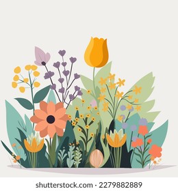 Colorful Flowers With Buds, Leaves Decorated On Gray Background. Botanic Composition.