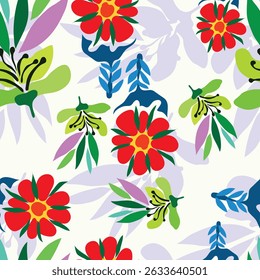 flores coloridas e botões com folhas jardim tema verão sem costura padrão. flores vermelhas e azuis coloridas, botões verdes e botões roxos silhueta sem costura padrão. Bom para decoração, têxtil, tecido.