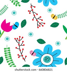 colorful flowers and colorful butterflies and green leaves in the garden seamless pattern vector.