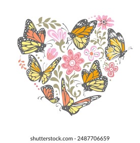 colorful flowers and butterflies in heard shape vector illustration