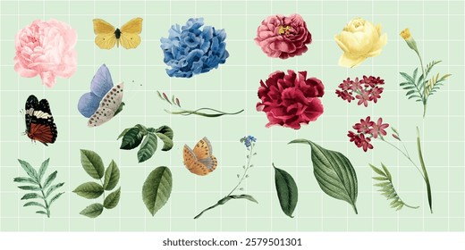 Colorful flowers and butterflies on a grid background. Flowers and butterflies in various shapes and colors. Leaves and petals complement the flowers and butterflies. Spring flower vector set.