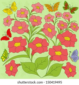 Colorful flowers and butterflies on light green background with butterflies. Hand drawing vector illustration