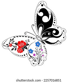 Colorful flowers in butterfly half shape illustration 