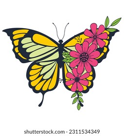 Colorful flowers in butterfly half shape illustration.