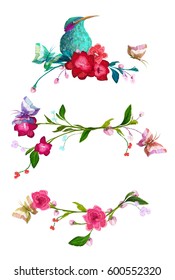 Colorful Flowers and butterfly patches, floral embroidery for t-shirt design, neck line print. Hand drawn separated editable elements, retro, vintage vector illustration, isolated on background.