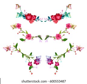 Colorful Flowers and butterfly patches, floral embroidery for t-shirt design, neck line print. Hand drawn separated editable elements, retro, vintage vector illustration, isolated on background.