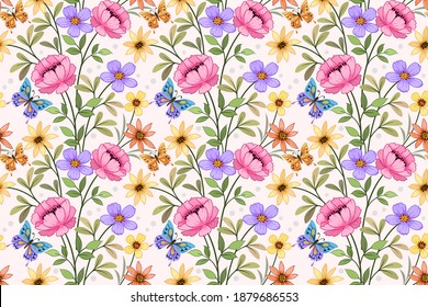 colorful flowers with butterfly seamless pattern.