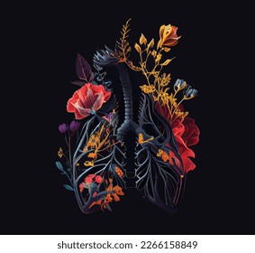 colorful flowers in chest skeleton vector illustration on black background