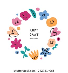 Composición de flores de colores, plantilla cuadrada con espacio de copia, arreglo vectorial con rosas, margaritas, corazones, bueno para tarjeta de felicitación, regalo para el día de la mujer, día de la madre, diseño floral minimalista