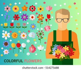 Colorful Flowers concept background. Flat icons.