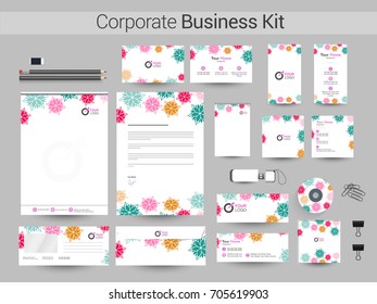 Colorful flowers decorated Corporate Identity Kit including Letter Head, Business Card, Web Banner or Header, Notepad, CD, USB Flash Drive and Envelope.