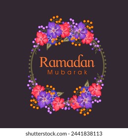 Colorful flowers decorated frame with text Ramadan Mubarak for Muslim community festival celebration.