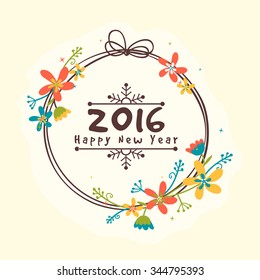 Colorful flowers decorated greeting card design for Happy New Year 2016 celebration.