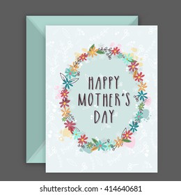 Colorful flowers decorated, Greeting card design with Envelope for Happy Mother's Day celebration.