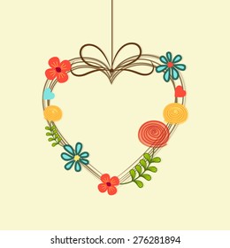 Colorful flowers decorated hanging heart, Love Concept.